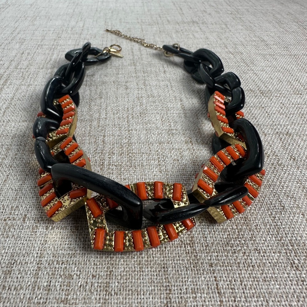 Statement Necklace Black Resin Chain Orange Gold Geometric Links